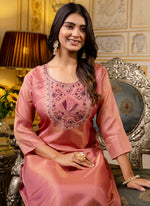 Thumbnail for Vellora Shimmer Silk Baby Pink Casual Wear Embroidery Work Readymade Kurti