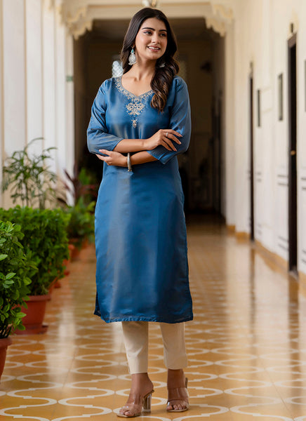 Vellora Shimmer Silk Teal Casual Wear Embroidery Work Readymade Kurti