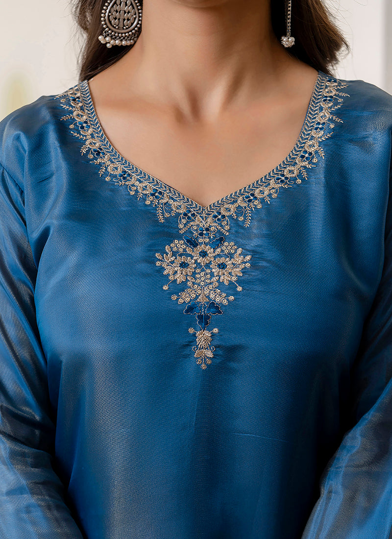 Vellora Shimmer Silk Teal Casual Wear Embroidery Work Readymade Kurti