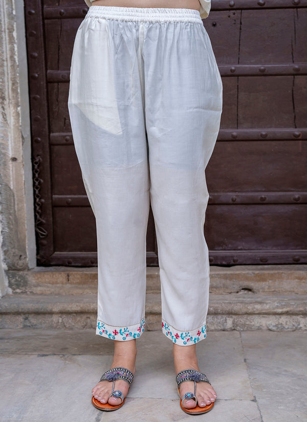 Vellora Viscose Roman Silk White Ocassional Wear Embroidery Work Readymade Salwar Suit