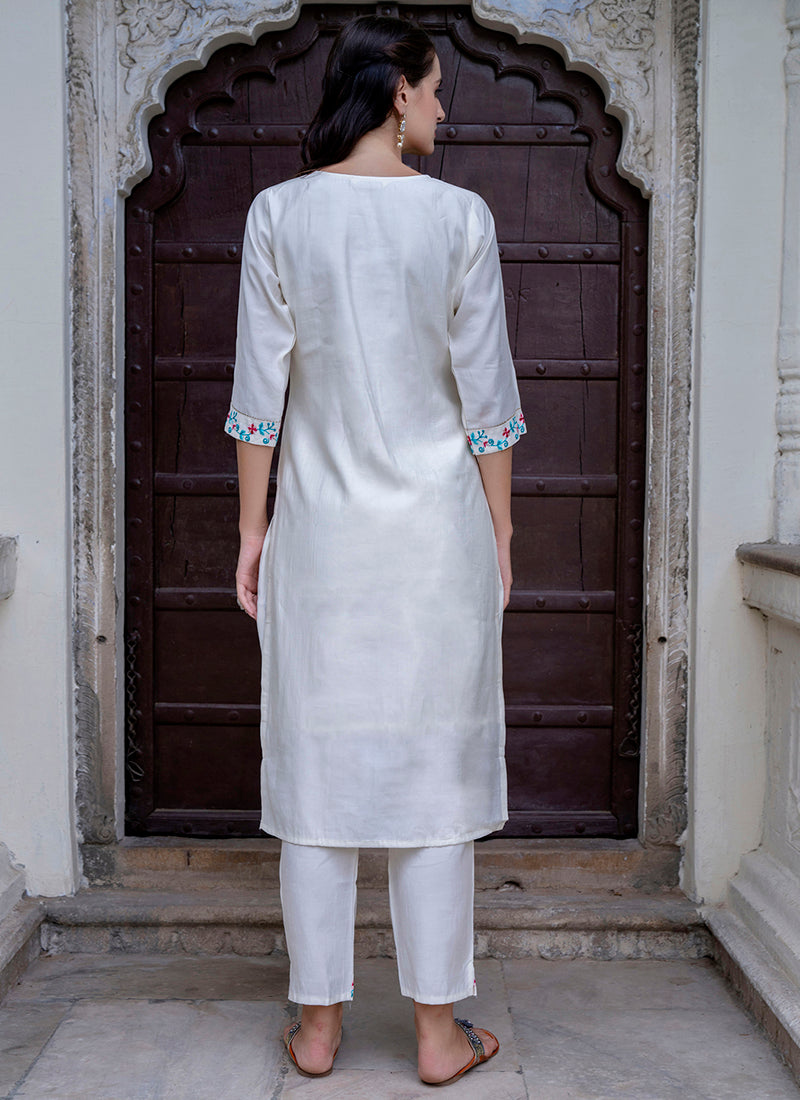 Vellora Viscose Roman Silk White Ocassional Wear Embroidery Work Readymade Salwar Suit