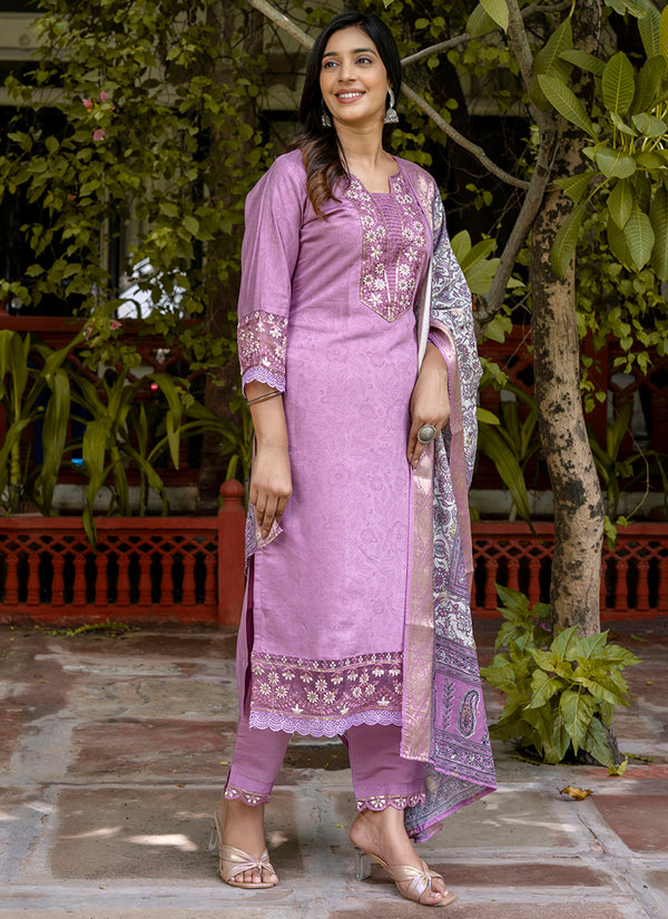 Vellora Silk Blend Lavender Casual Wear Embroidery Work Readymade Salwar Suit