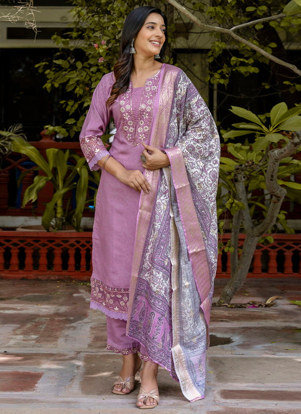 Vellora Silk Blend Lavender Casual Wear Embroidery Work Readymade Salwar Suit