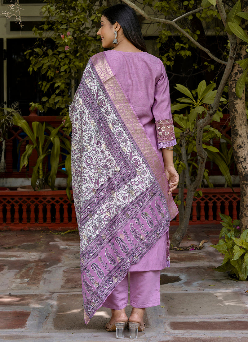 Vellora Silk Blend Lavender Casual Wear Embroidery Work Readymade Salwar Suit