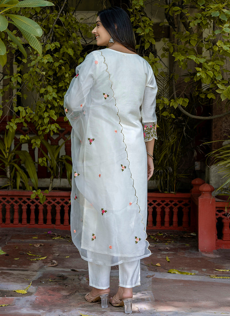 Vellora Silk Blend White Casual Wear Embroidery Work Readymade Salwar Suit