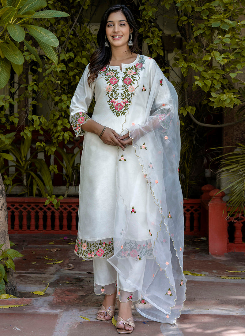 Vellora Silk Blend White Casual Wear Embroidery Work Readymade Salwar Suit