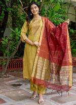 Thumbnail for Vellora Cotton Blend Mustard Yellow Casual Wear Foil Print Work Readymade Salwar Suit