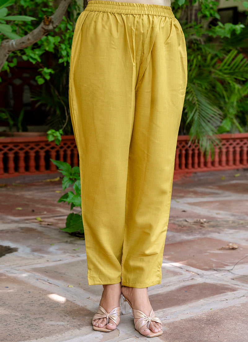 Vellora Cotton Blend Mustard Yellow Casual Wear Foil Print Work Readymade Salwar Suit