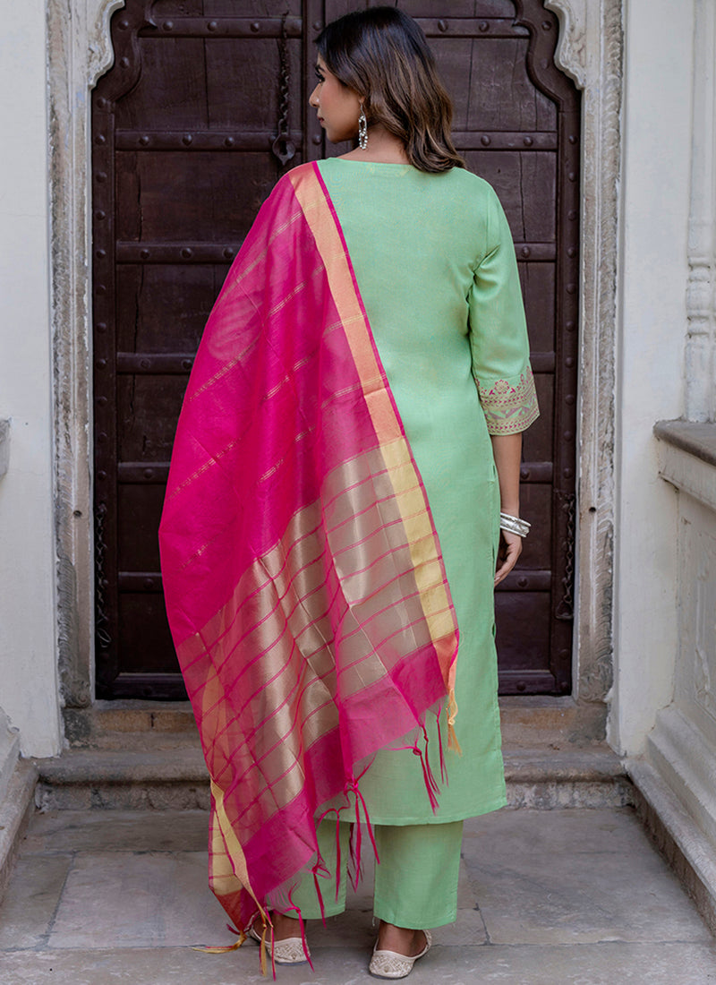 Vellora Cotton Blend Pista Casual Wear Foil Print Work Readymade Salwar Suit