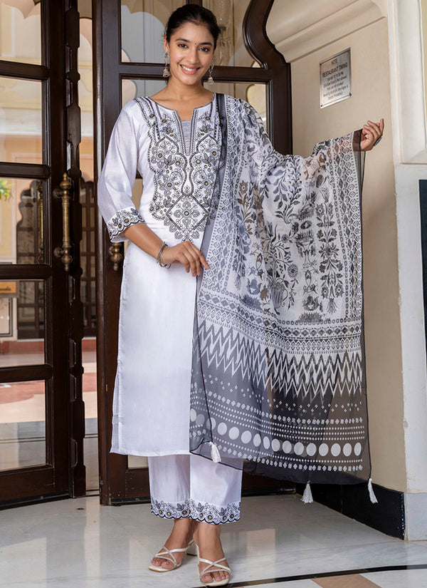 Vellora Silk Blend White Casual Wear Embroidery Work Readymade Salwar Suit