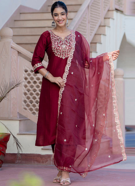 Vellora Silk Blend Maroon Casual Wear Embroidery Work Readymade Salwar Suit