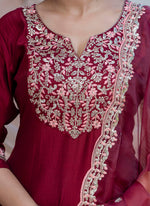Thumbnail for Vellora Silk Blend Maroon Casual Wear Embroidery Work Readymade Salwar Suit