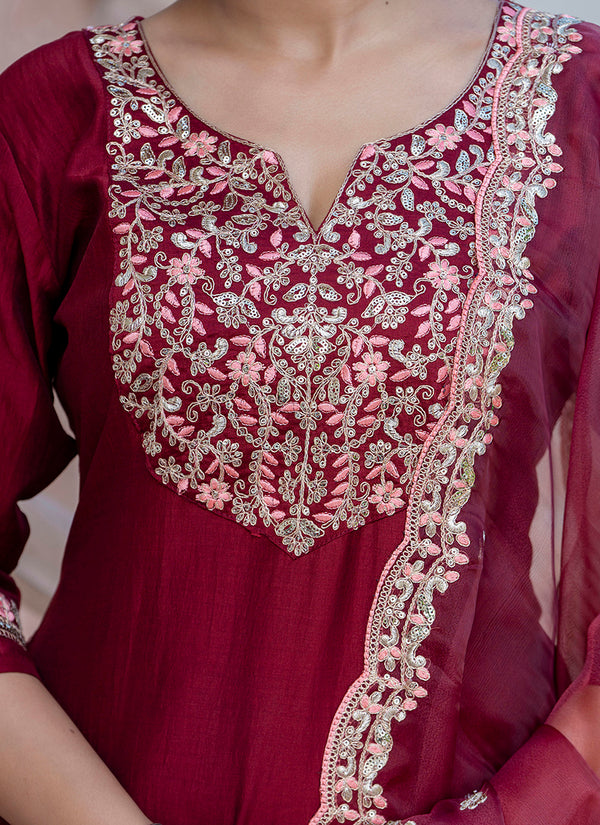 Vellora Silk Blend Maroon Casual Wear Embroidery Work Readymade Salwar Suit