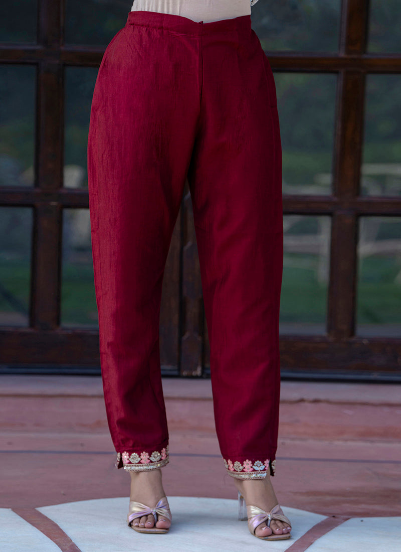 Vellora Silk Blend Maroon Casual Wear Embroidery Work Readymade Salwar Suit