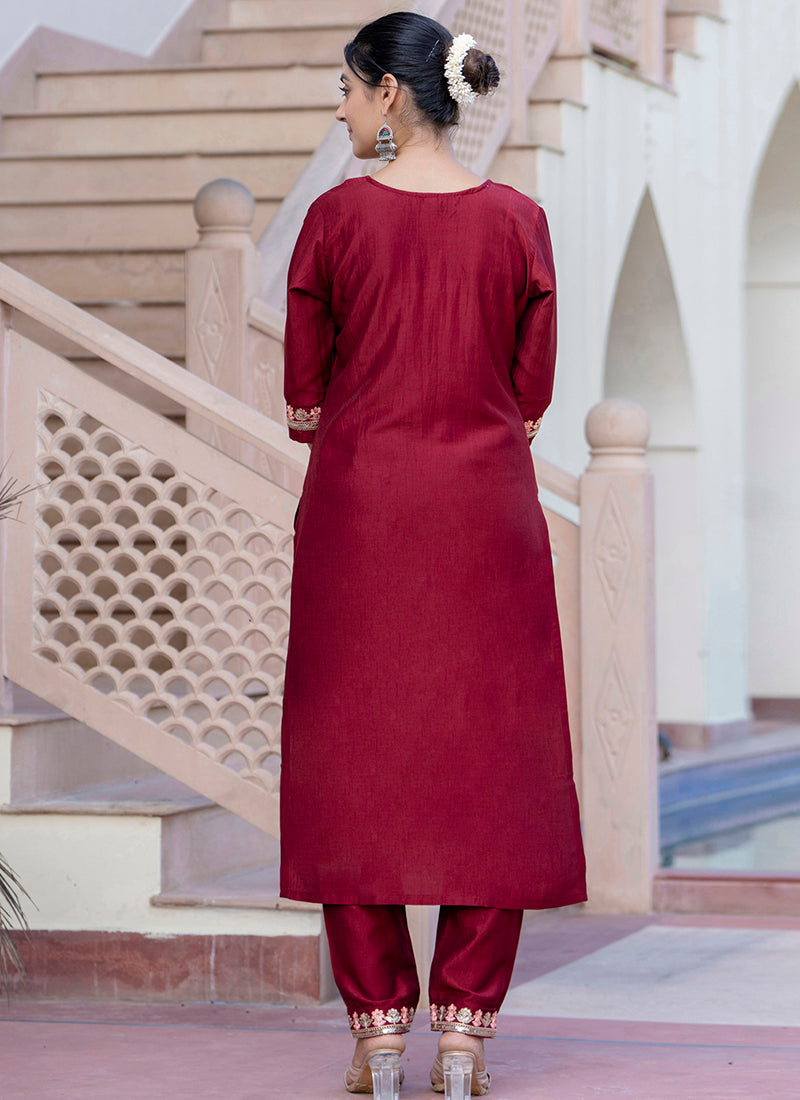 Vellora Silk Blend Maroon Casual Wear Embroidery Work Readymade Salwar Suit