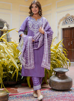 Thumbnail for Vellora Silk Blend Lavender Casual Wear Embroidery Work Readymade Salwar Suit