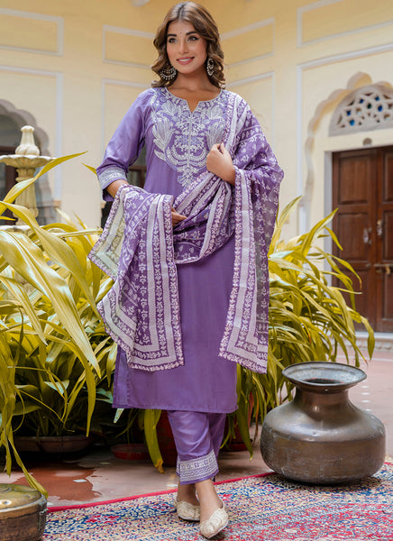 Vellora Silk Blend Lavender Casual Wear Embroidery Work Readymade Salwar Suit