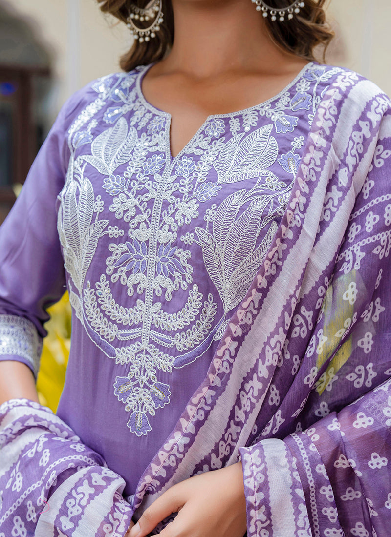 Vellora Silk Blend Lavender Casual Wear Embroidery Work Readymade Salwar Suit