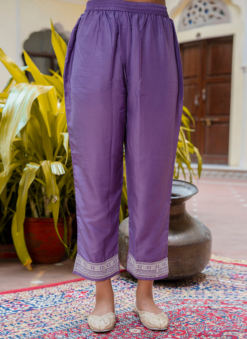 Vellora Silk Blend Lavender Casual Wear Embroidery Work Readymade Salwar Suit