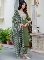 Thumbnail for Vellora Silk Blend Olive Green Casual Wear Embroidery Work Readymade Salwar Suit