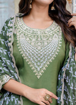 Thumbnail for Vellora Silk Blend Olive Green Casual Wear Embroidery Work Readymade Salwar Suit