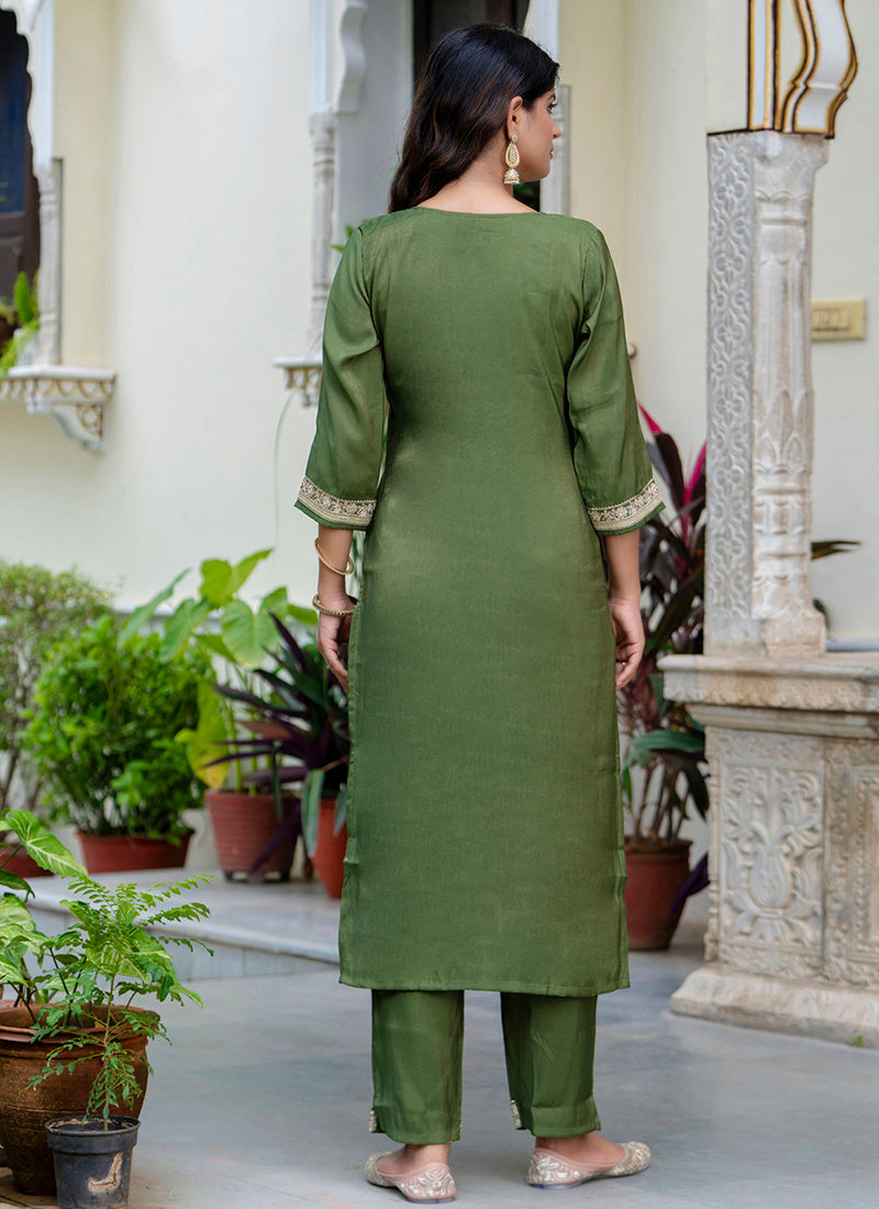 Vellora Silk Blend Olive Green Casual Wear Embroidery Work Readymade Salwar Suit
