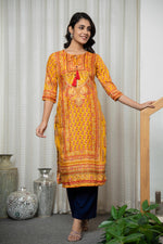 Thumbnail for Juniper Women's Mustard Ethnic Motif Printed Shantoon Kurta With Doris & Tassels - Distacart