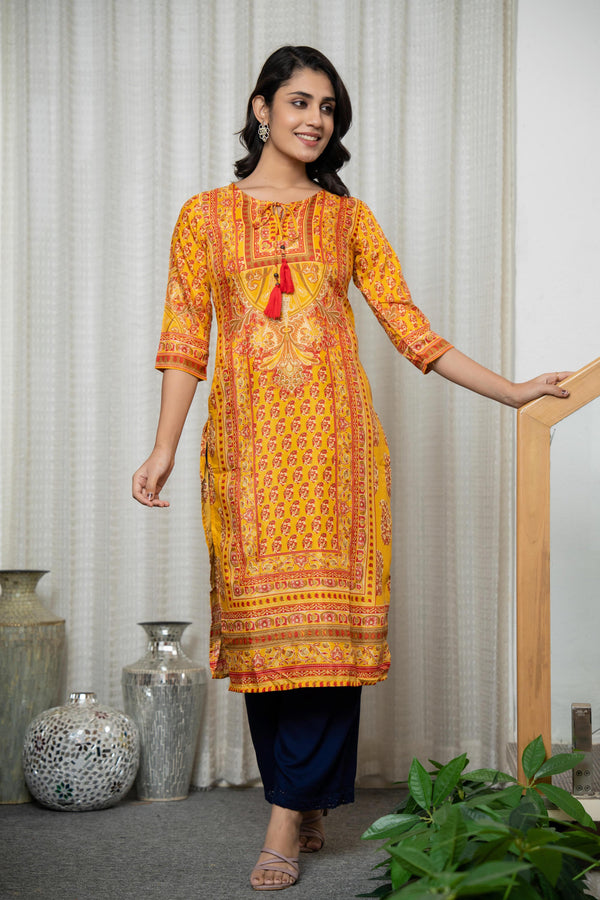 Juniper Women's Mustard Ethnic Motif Printed Shantoon Kurta With Doris & Tassels - Distacart