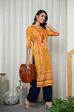 Thumbnail for Juniper Women's Mustard Ethnic Motif Printed Shantoon Kurta With Doris & Tassels - Distacart