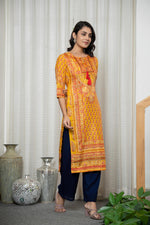 Thumbnail for Juniper Women's Mustard Ethnic Motif Printed Shantoon Kurta With Doris & Tassels - Distacart