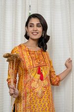 Thumbnail for Juniper Women's Mustard Ethnic Motif Printed Shantoon Kurta With Doris & Tassels - Distacart