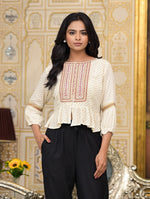 Thumbnail for Juniper Women's Ivory Ethnic Motif Printed Liva Rayon Top With Zari Thread Work & Buttons - Distacart