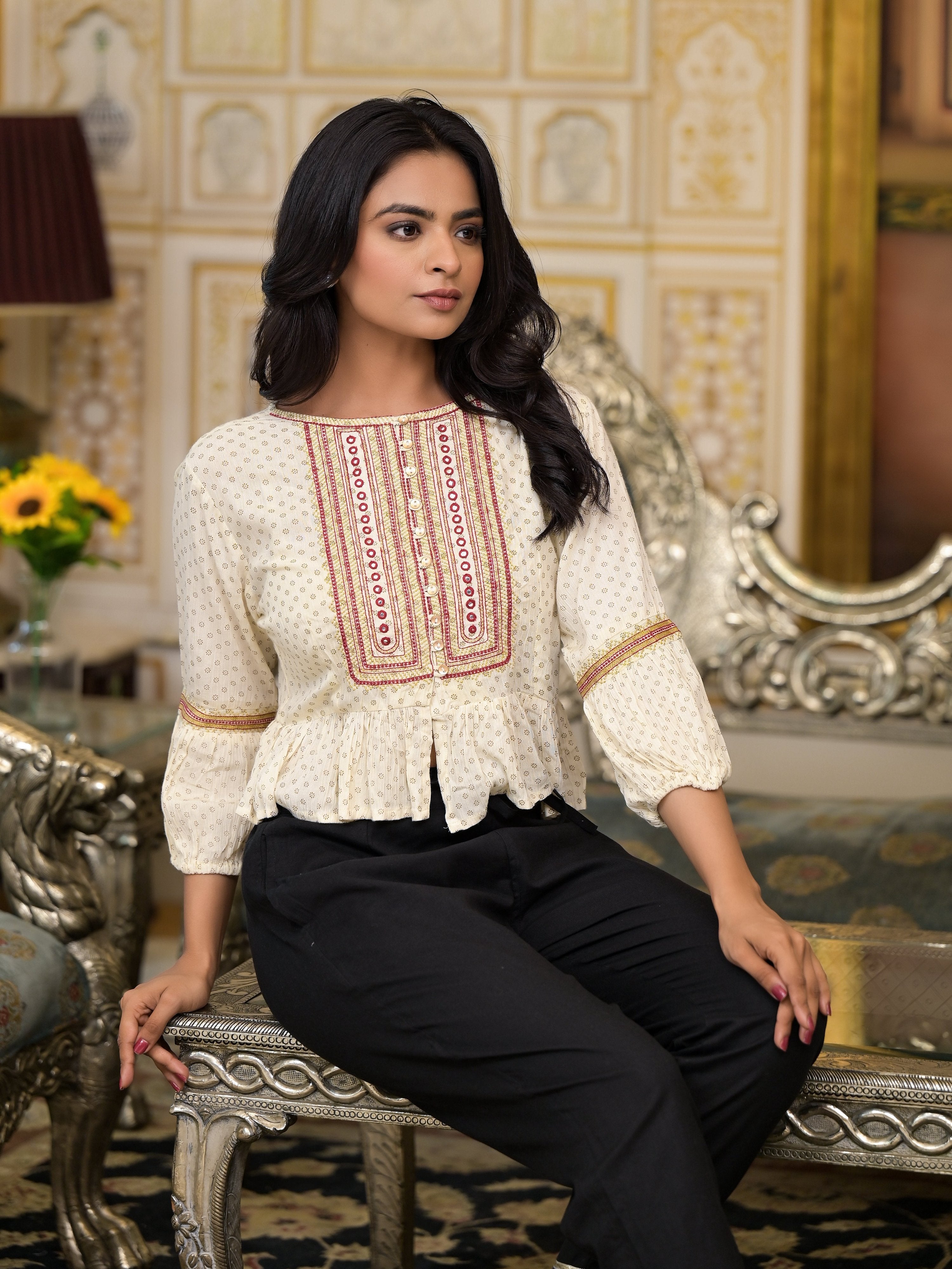 Juniper Women's Ivory Ethnic Motif Printed Liva Rayon Top With Zari Thread Work & Buttons - Distacart