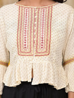 Thumbnail for Juniper Women's Ivory Ethnic Motif Printed Liva Rayon Top With Zari Thread Work & Buttons - Distacart