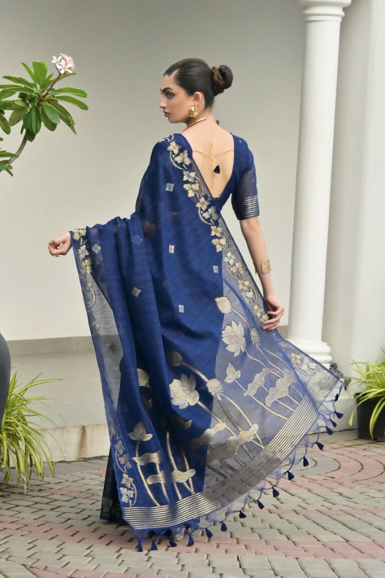 Vishnu Weaves Women's Blue Linen Silk Zari Weaving Saree with Blouse