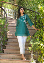 Thumbnail for Juniper Green Solid Chanderi Tunic With Thread Work & Buttons - Distacart