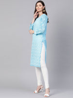 Thumbnail for ADA Women Blue & White Chikankari Embroidered Sheer Straight Sustainable Handloom Kurta - Distacart