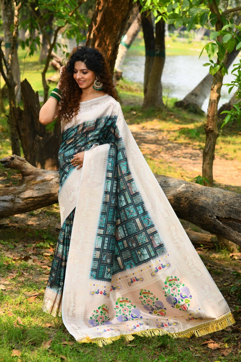 Aastha Fashion Teal Woven Cotton Blend Saree with Blouse - Distacart