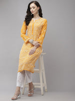 Thumbnail for ADA Women Mustard Yellow Embroidered Regular Chikankari Handloom Kurta with Palazzos - Distacart