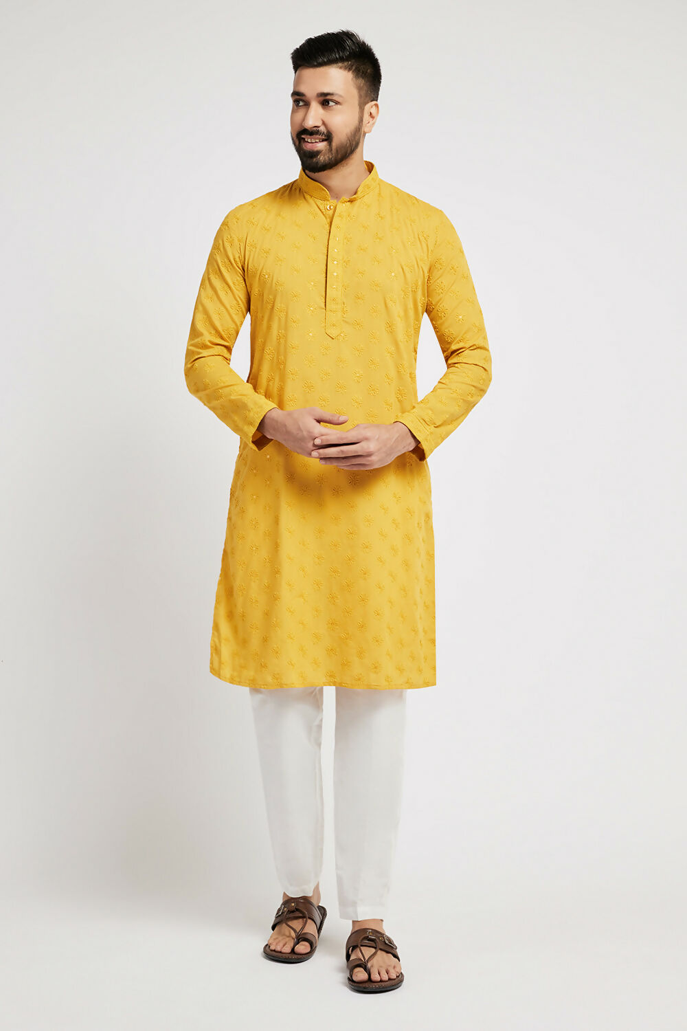 Ethnic India Yellow Men's Kurta Ethnic Motifs Cotton - Distacart