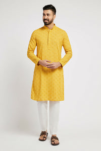 Thumbnail for Ethnic India Yellow Men's Kurta Ethnic Motifs Cotton - Distacart