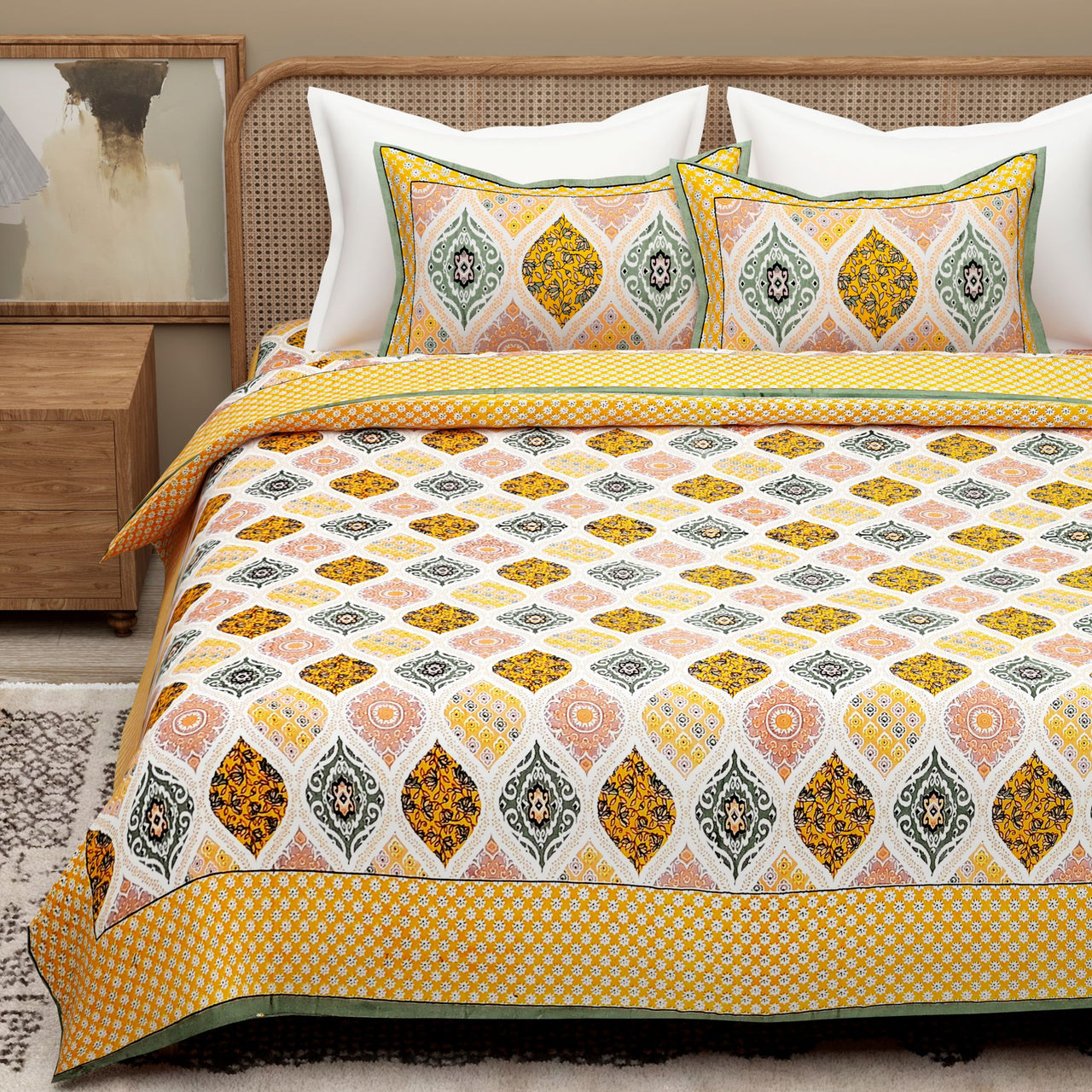 Yellow White Ethnic Motifs Cotton 300TC King Bedsheet With 2 Zipper Pillow Covers - Super King Size by House of Ree