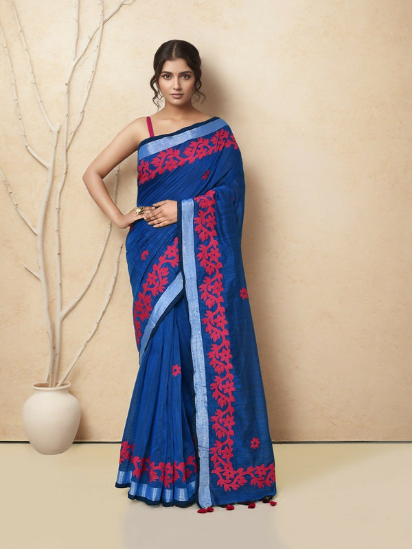 Joban Fashion Blue Cotton Applic Saree