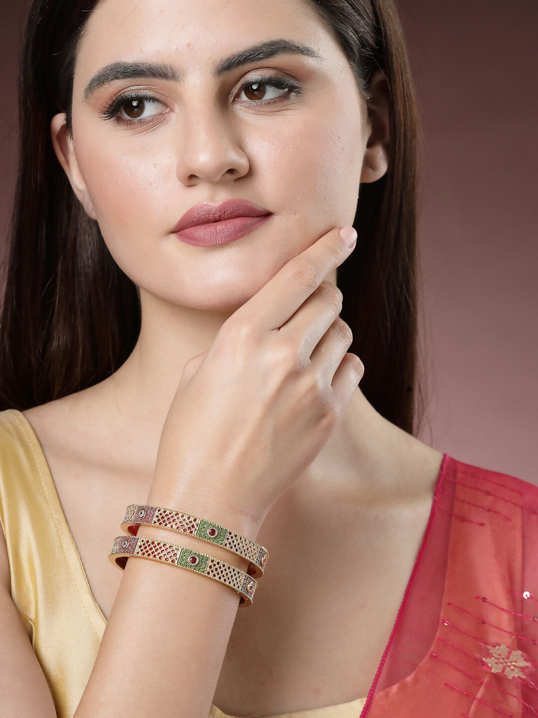NVR Women's Set Of 2 Gold-Plated Red Kundan Traditional Bangles - Distacart