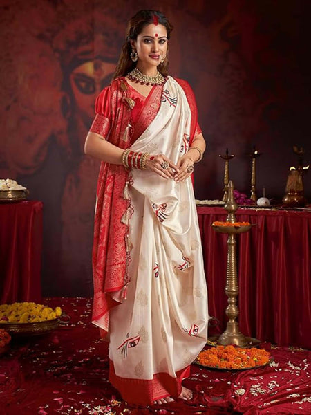 Joban Fashion Satin Silk Off White Floral Printed Saree