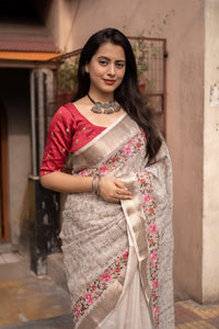 Thumbnail for Grey Pure Linen Woven Design Saree with Unstitched Blouse - A2M