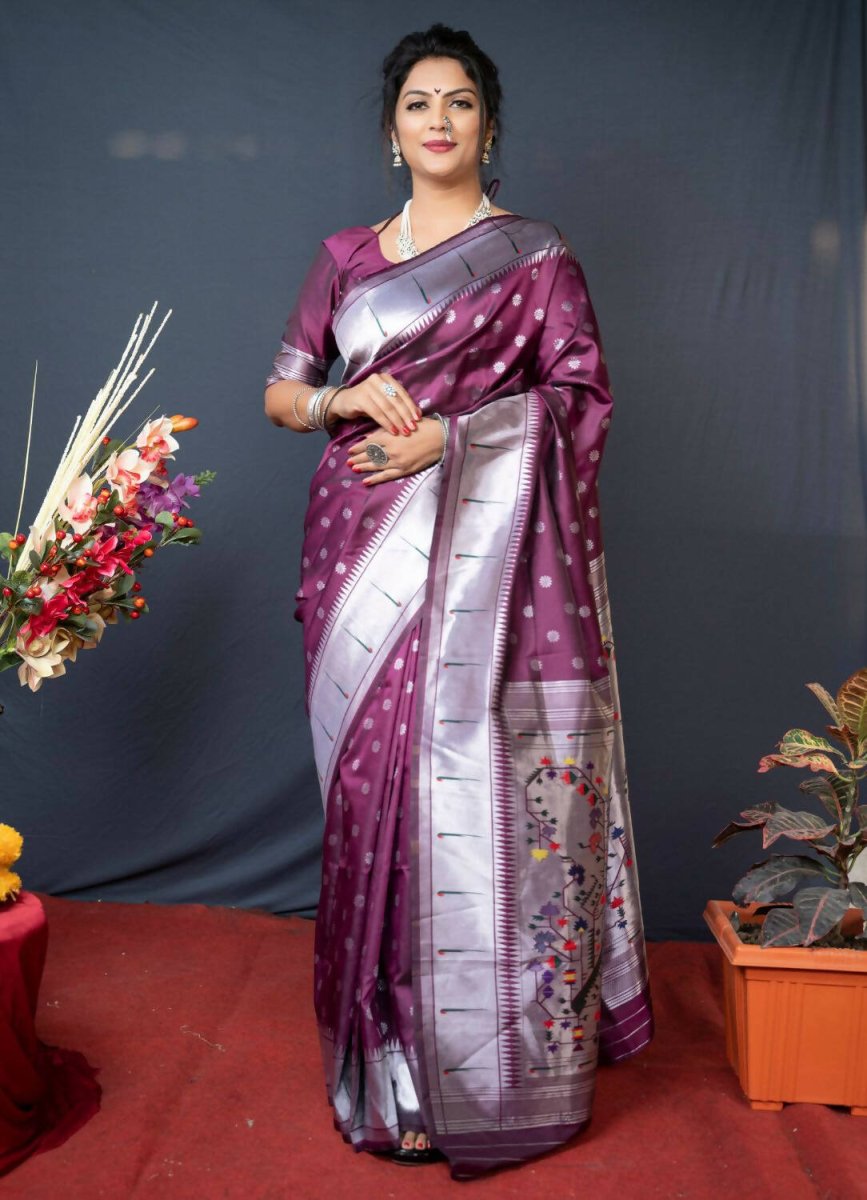 Aastha Fashion Wine Woven Soft Paithani Silk Saree with Blouse - Distacart
