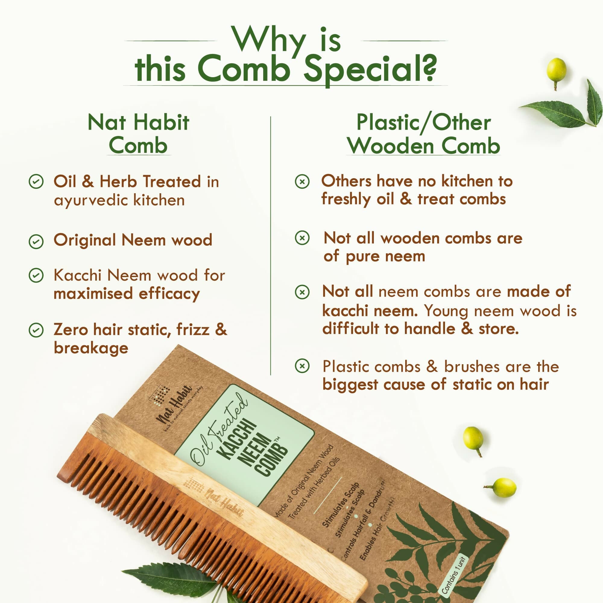 Nat Habit Kacchi Neem Wooden Comb - Soaked In 13 Herbs, Neem & Sesame Oil For Multi-Actions - Distacart