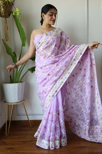 Thumbnail for Aastha Fashion Lavender Heavy Soft Organza Beautiful multicolor thread chain embroidery work with diamond work Saree