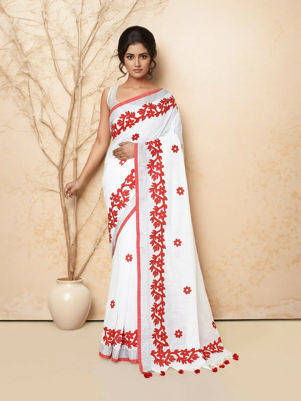 Joban Fashion White & Red Cotton Applic Saree